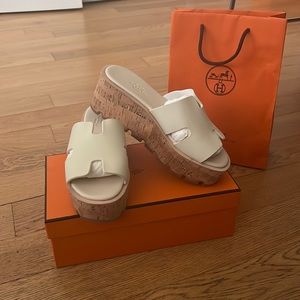 Hermes Eze wedge cork ivory / ecru / cream  leather 37